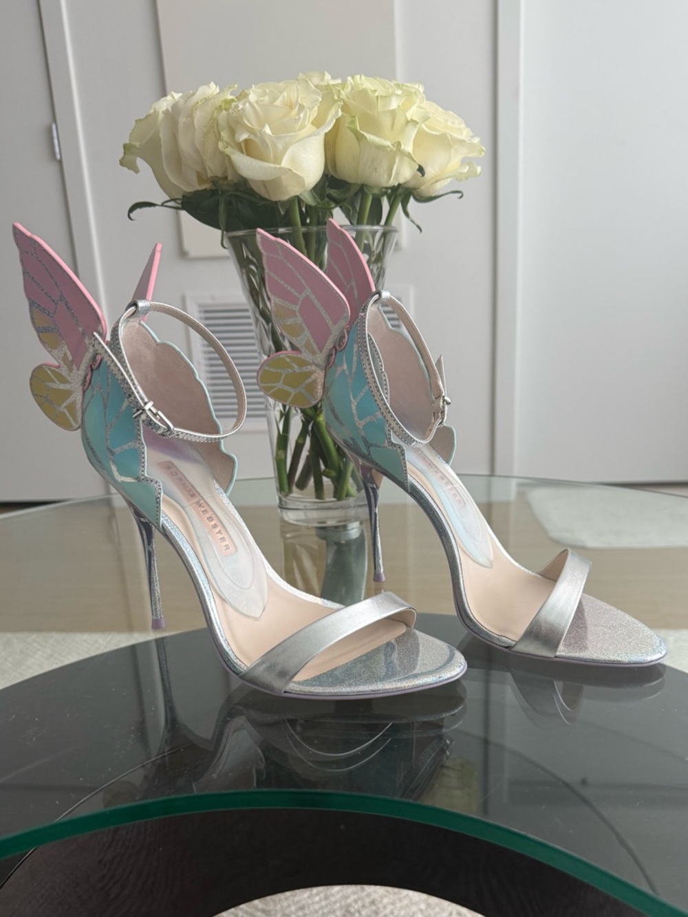 Sophia Webster Silver Sandals with Pastel Butterfly Wings